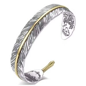 Sterling Silver & Brass‎ Feather Cuff Bracelet-Intricately Engraved Boho Jewelry